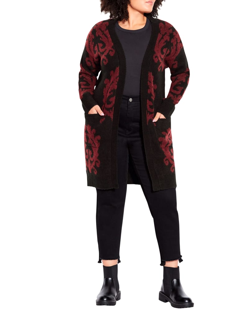 Front of a model wearing a size 14 Scroll Cardigan in Black by avenue. | dia_product_style_image_id:228678